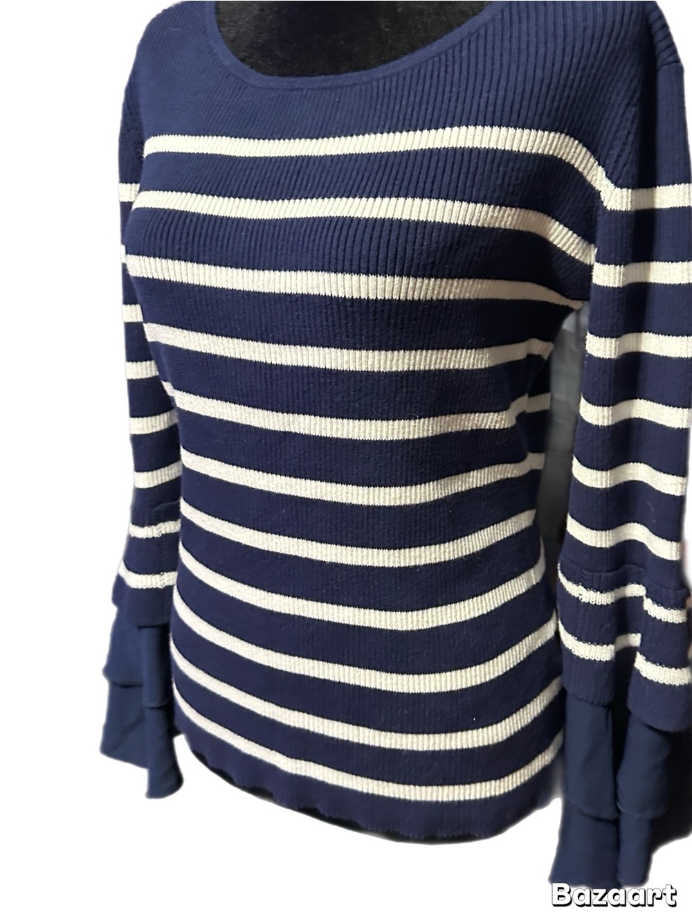 Allie & Rob Navy and White Striped Scoop Neck Sweater with Ruffle Cuffs